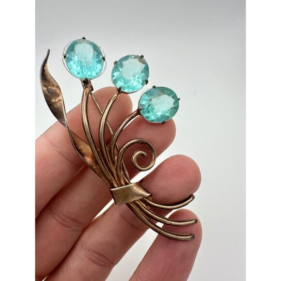 Jay Kel rose gold vermeil sterling silver aqua blue glass rhinestones brooch pin - Picture 4 of 11